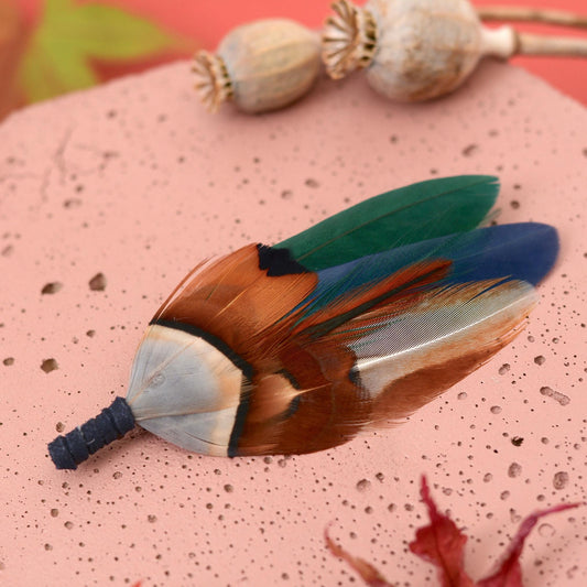 Green and Navy Pheasant Feather Boutonniere | Duck Feather Brooch