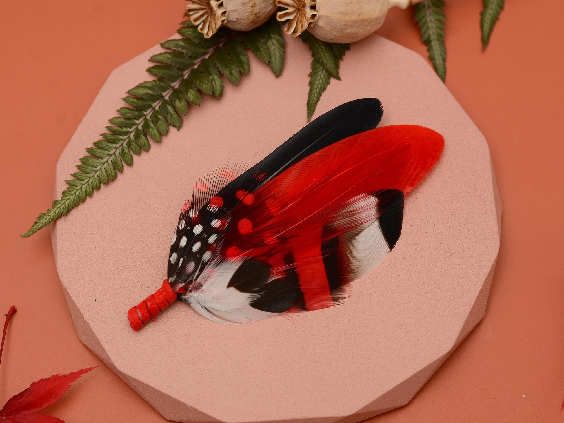 Red, Black and White Feather Corsage / Hat Pin | Duck Feather Boutonniere Brooch