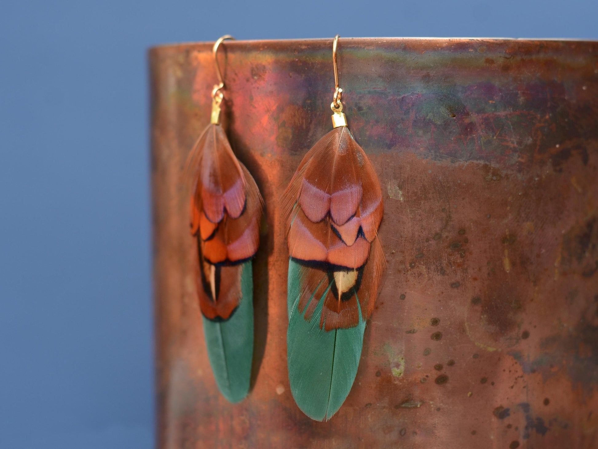 Green and Copper Small Feather Earrings | Festival Earrings | Feather Jewellery | Festival Jewellery | Drop Earrings