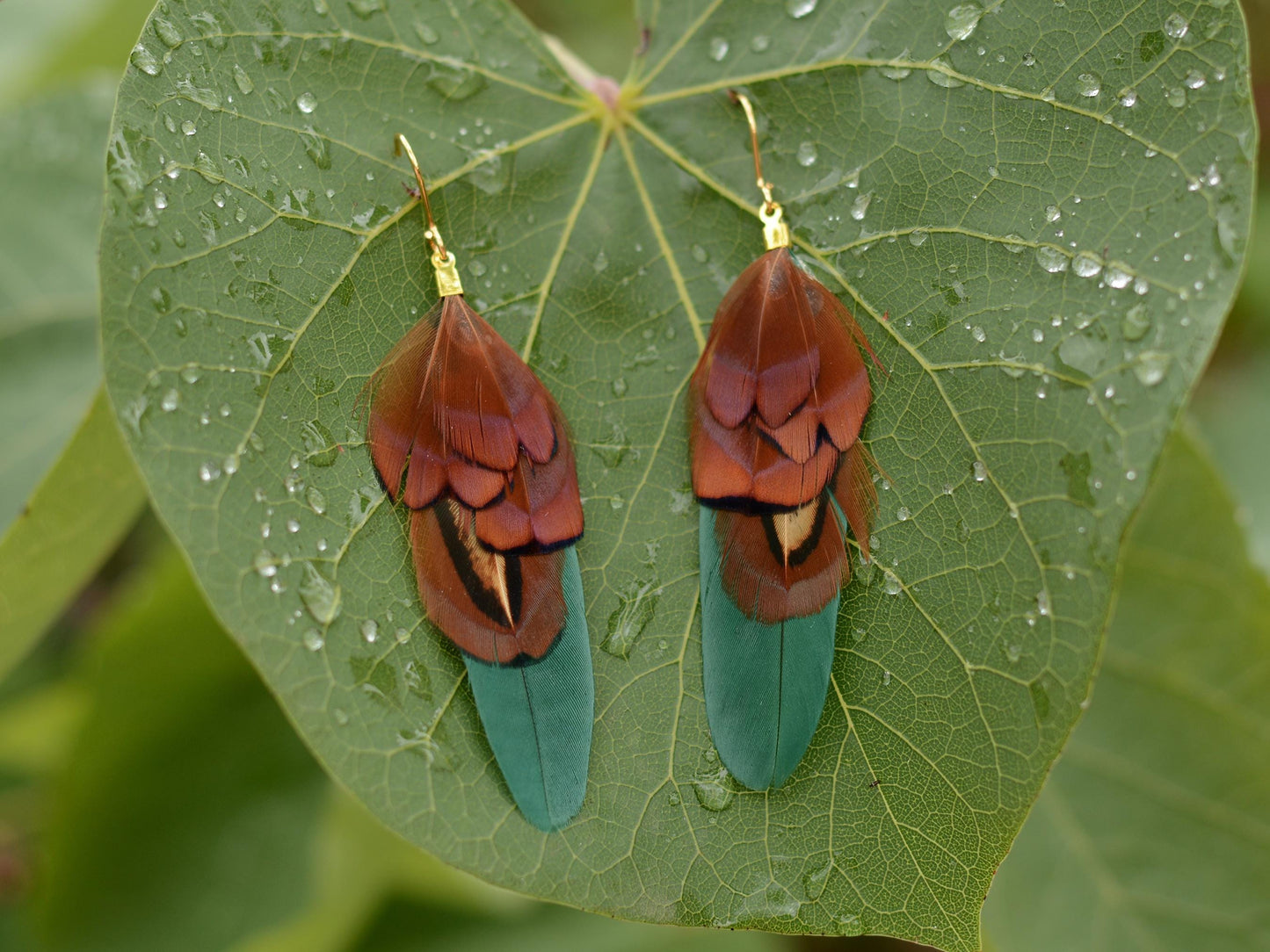 Green and Copper Small Feather Earrings | Festival Earrings | Feather Jewellery | Festival Jewellery | Drop Earrings