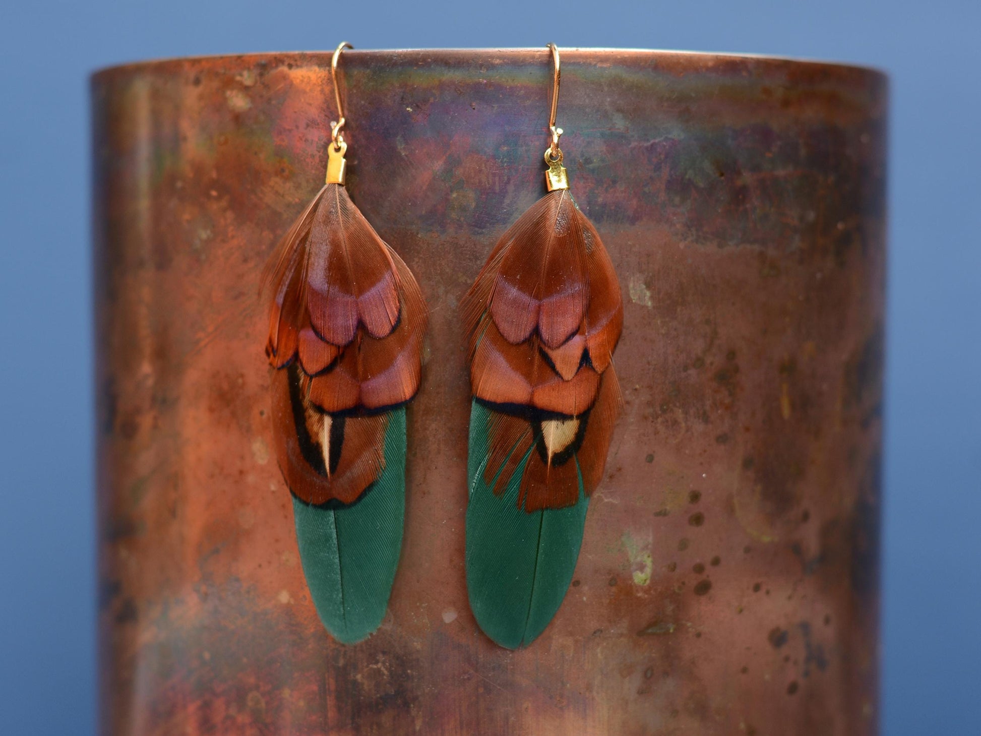 Green and Copper Small Feather Earrings | Festival Earrings | Feather Jewellery | Festival Jewellery | Drop Earrings