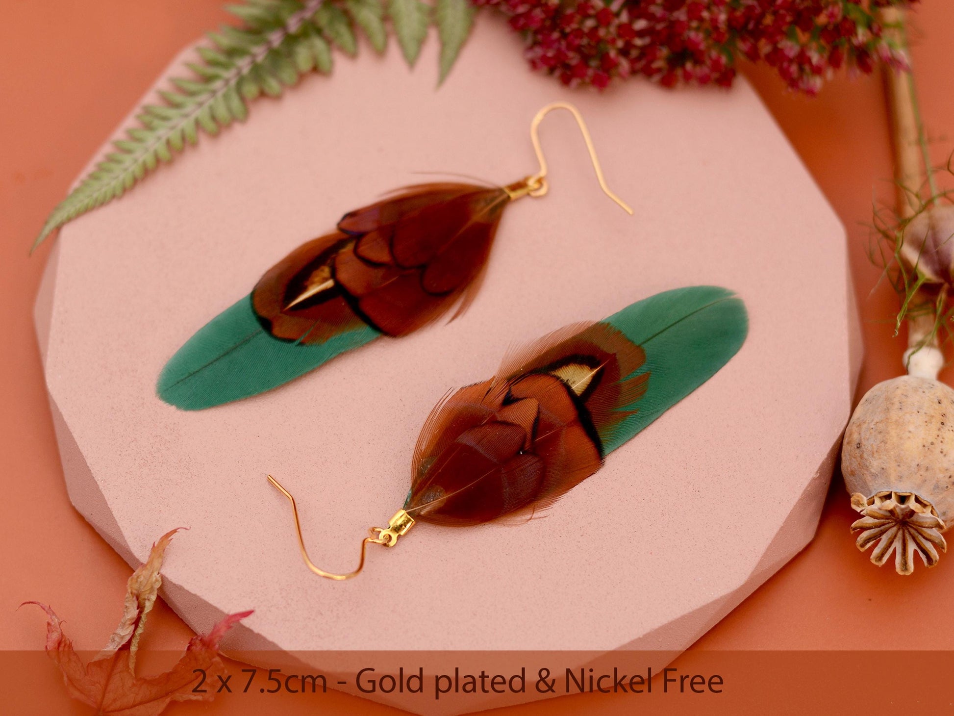 Green and Copper Small Feather Earrings | Festival Earrings | Feather Jewellery | Festival Jewellery | Drop Earrings