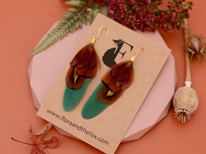 Green and Copper Small Feather Earrings | Festival Earrings | Feather Jewellery | Festival Jewellery | Drop Earrings