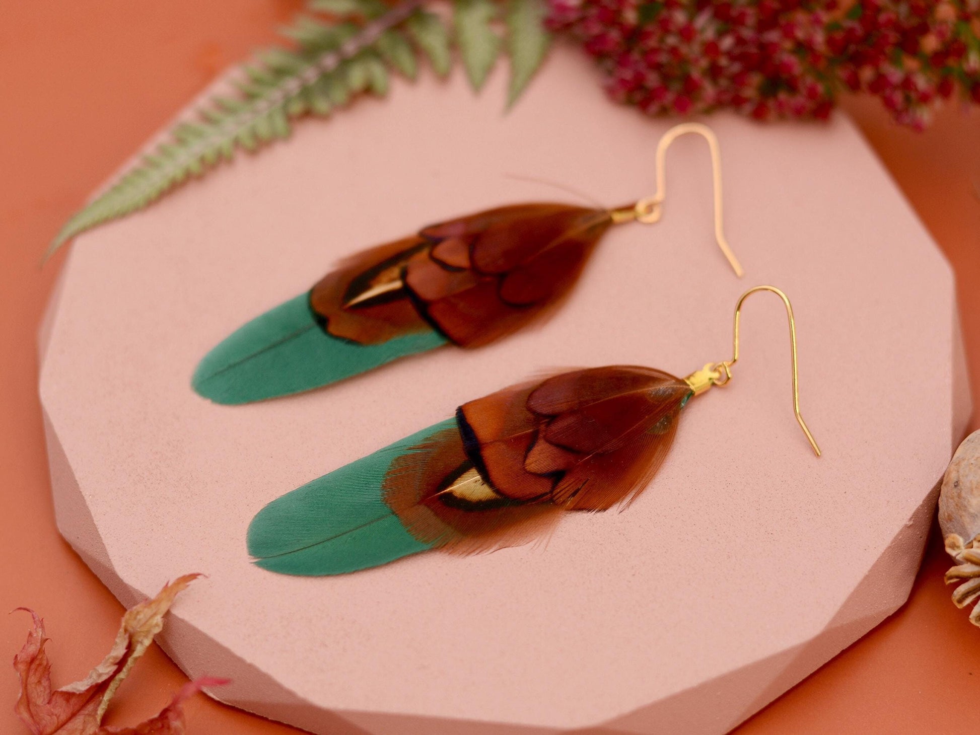 Green and Copper Small Feather Earrings | Festival Earrings | Feather Jewellery | Festival Jewellery | Drop Earrings