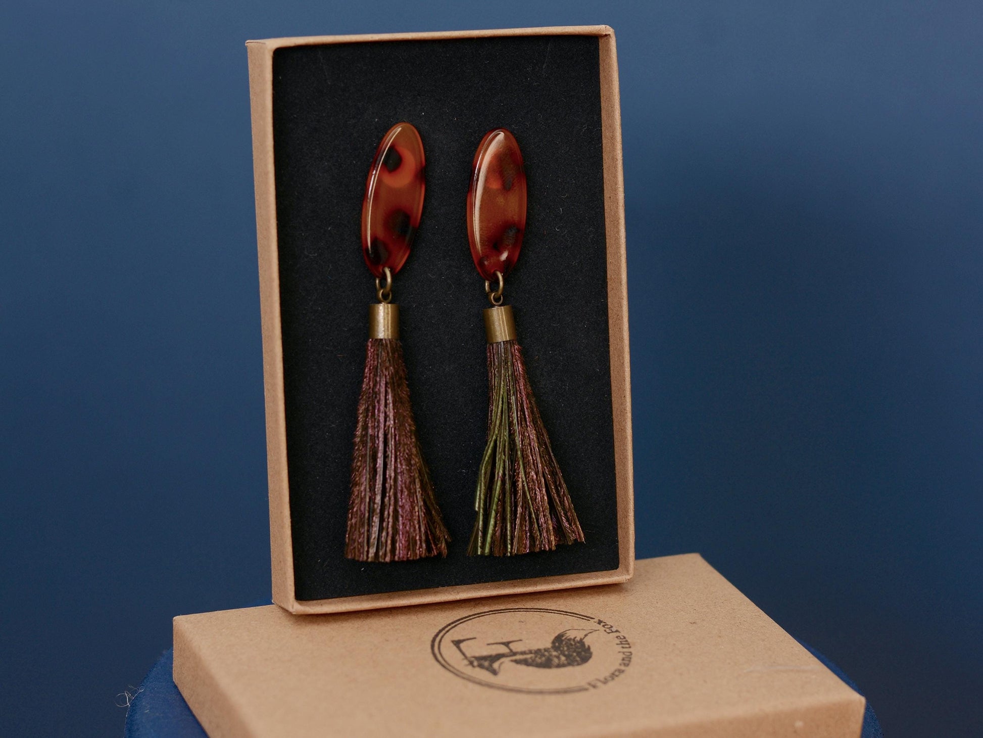 Tortoiseshell Acetate and Shimmering Green Peacock Feather Tassel Earrings No.2 | Festival Earrings | Feather Jewellery | Long Earrings