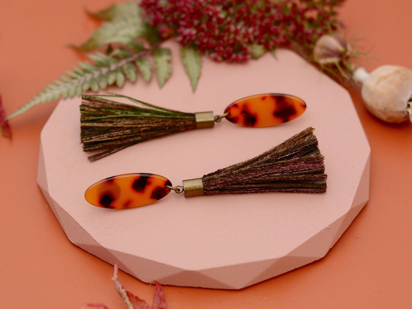 Tortoiseshell Acetate and Shimmering Green Peacock Feather Tassel Earrings No.2 | Festival Earrings | Feather Jewellery | Long Earrings