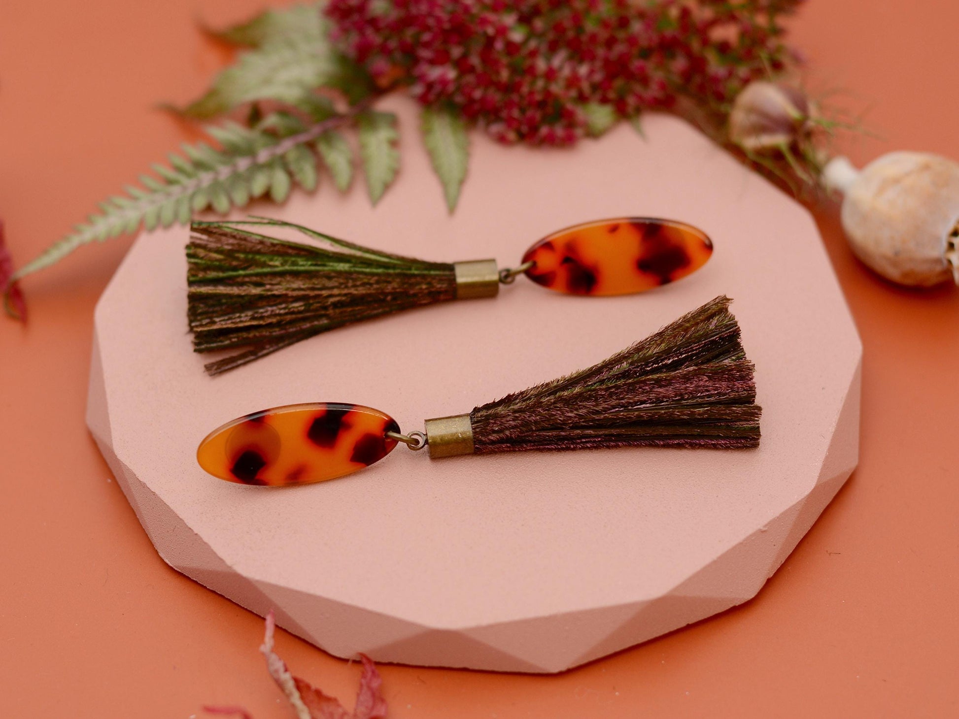 Tortoiseshell Acetate and Shimmering Green Peacock Feather Tassel Earrings No.2 | Festival Earrings | Feather Jewellery | Long Earrings