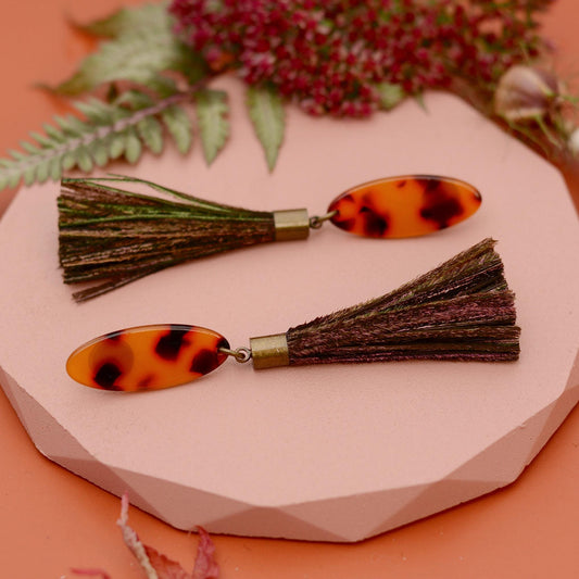 Tortoiseshell Acetate and Shimmering Green Peacock Feather Tassel Earrings No.2 | Festival Earrings | Feather Jewellery | Long Earrings