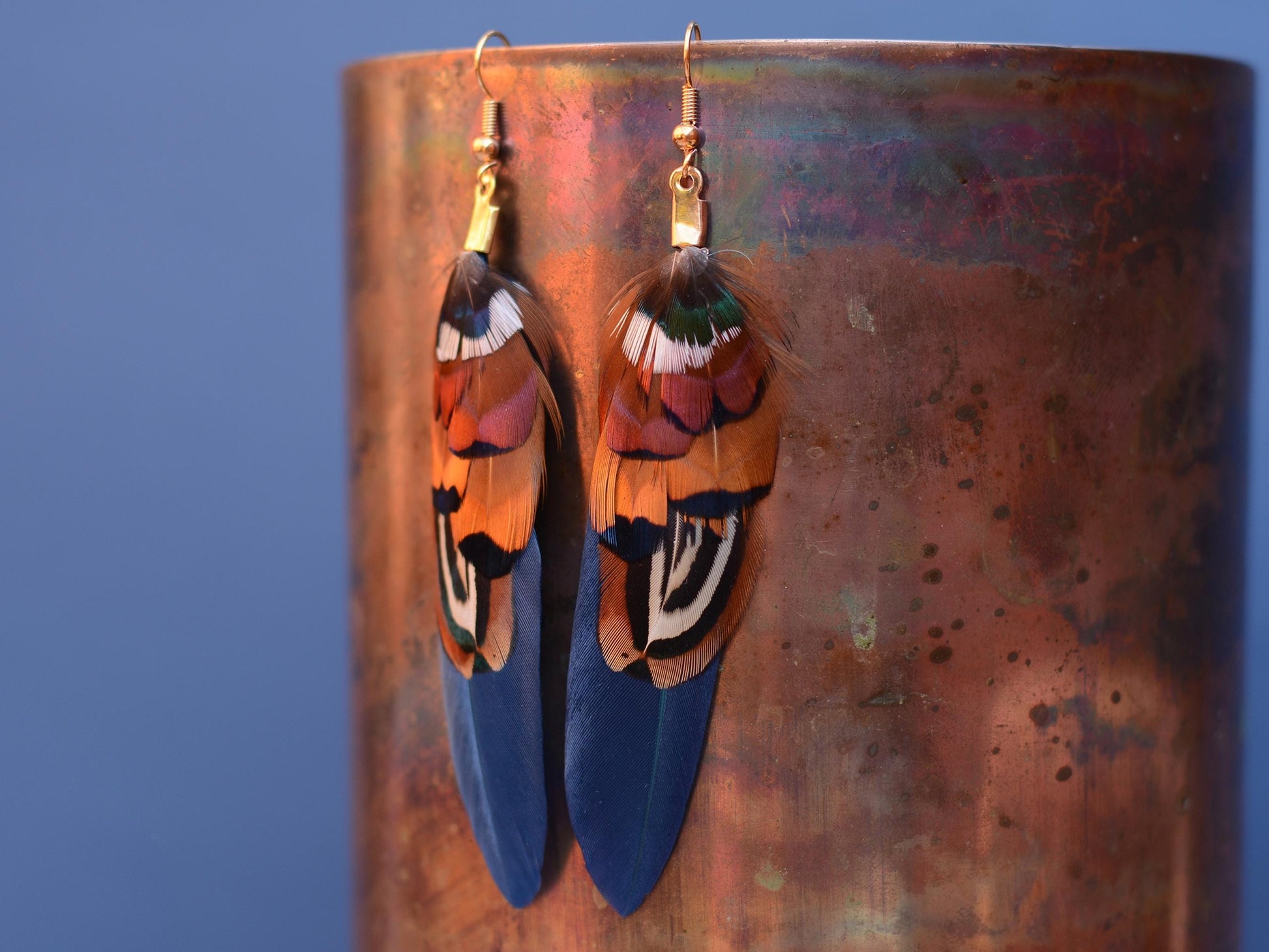 Navy Blue and Copper Feather Earrings | Pheasant Feather Earrings | Festival Earrings | Feather Jewellery | Drop Earrings
