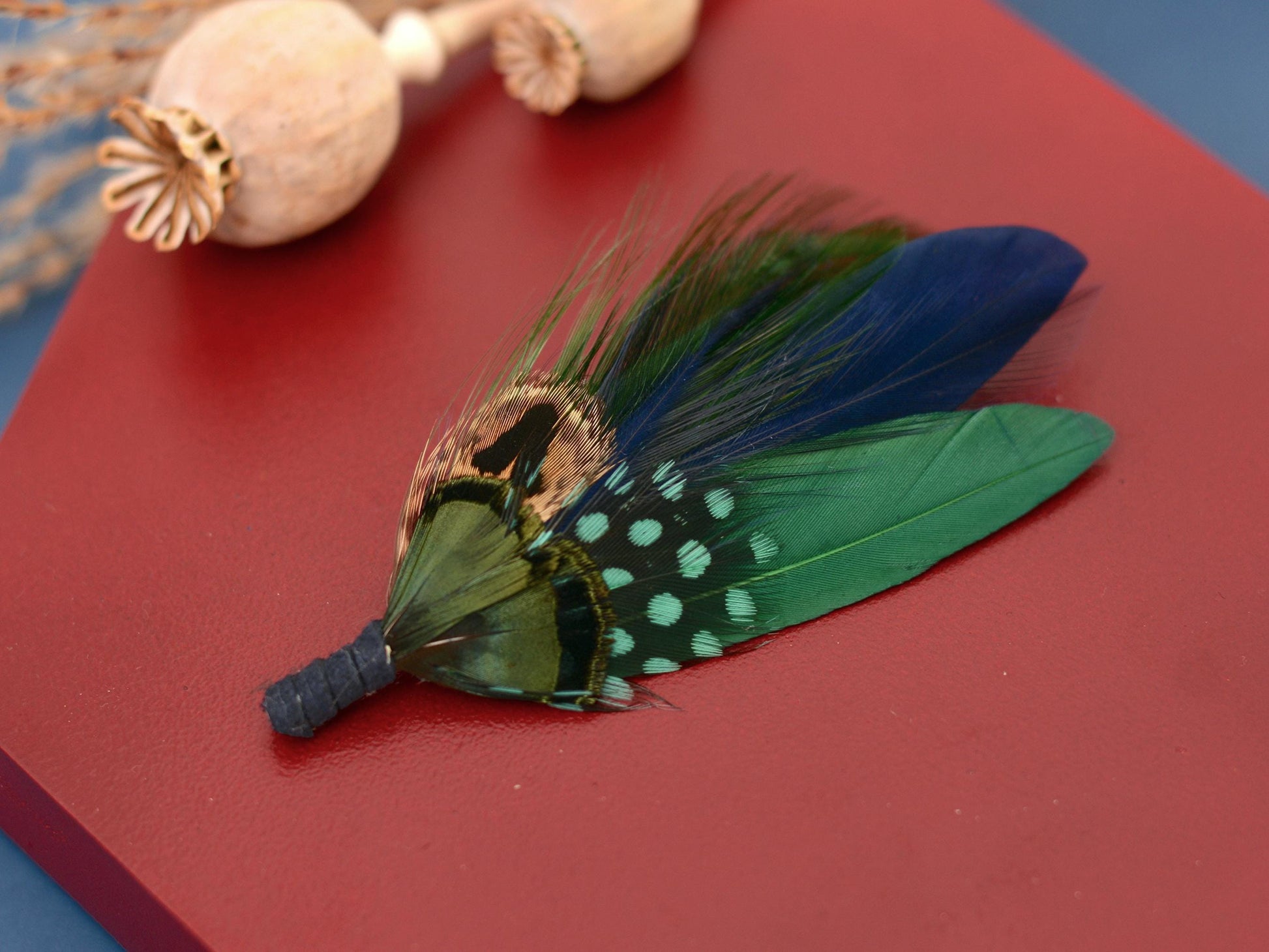 Navy Blue and Bottle Green Feather Boutonniere | Duck Feather Hat Pin | Pheasant Feather Brooch