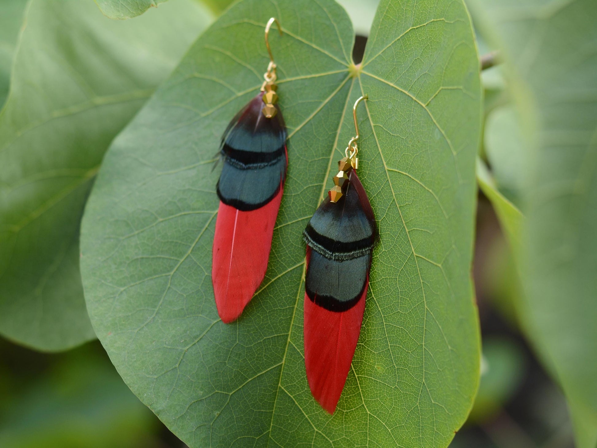 Red, Green and Gold Feather Earrings | Festival Earrings | Feather Jewellery | Festival Jewellery | Drop Earrings