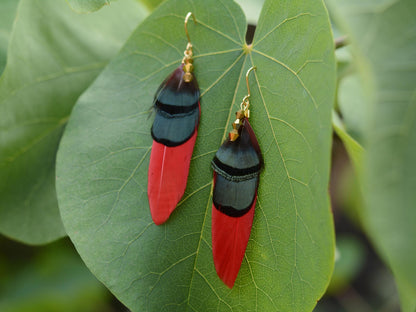 Red, Green and Gold Feather Earrings | Festival Earrings | Feather Jewellery | Festival Jewellery | Drop Earrings