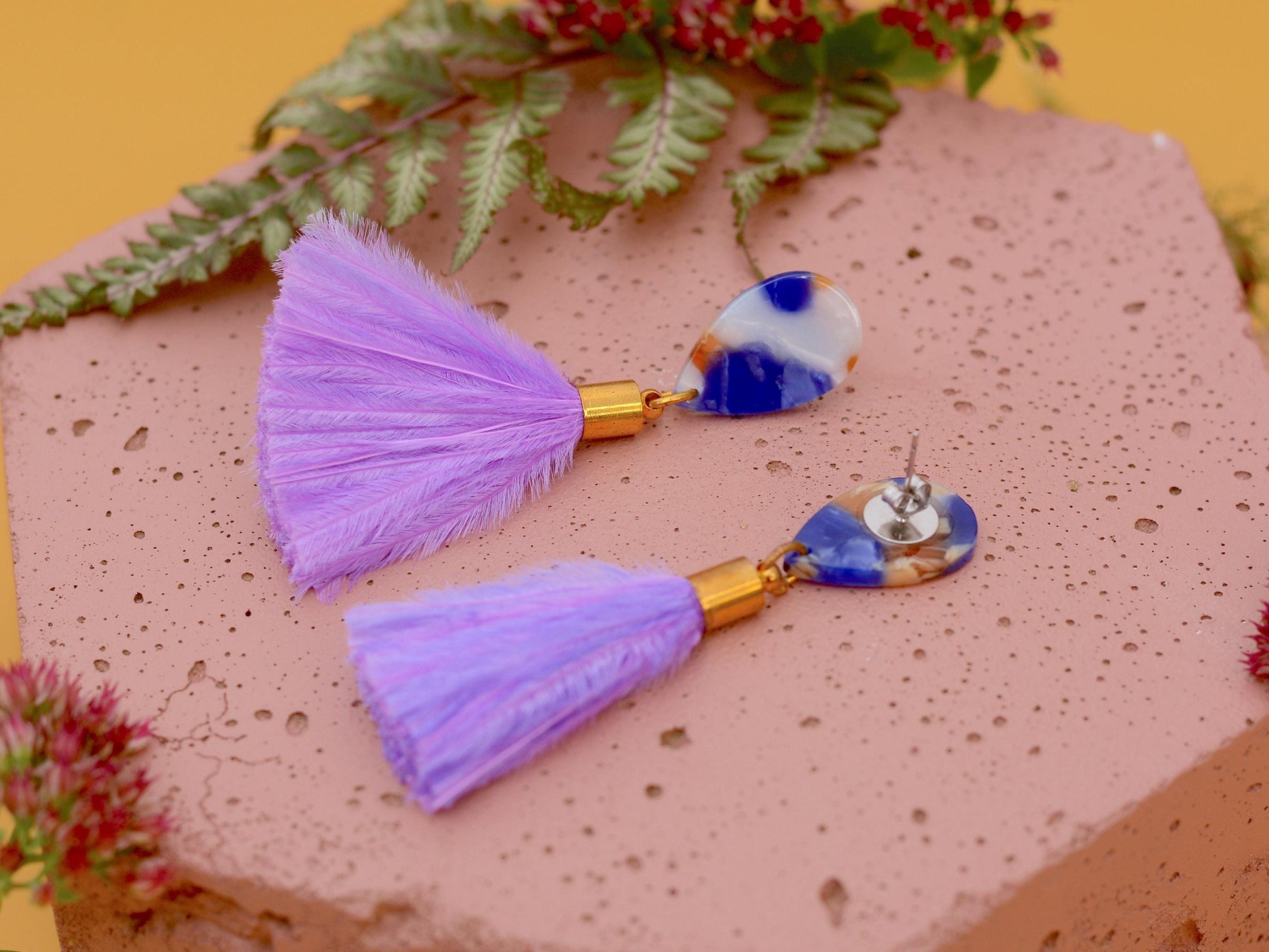 Statement Acetate Teardrop and Ostrich Feather Lilac Tassel Earrings