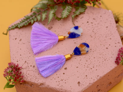 Statement Acetate Teardrop and Ostrich Feather Lilac Tassel Earrings