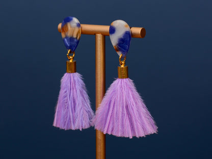 Statement Acetate Teardrop and Ostrich Feather Lilac Tassel Earrings
