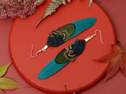 Teal, Navy Blue and Green Feather Earrings | Pheasant Feather Earrings | Festival Earrings | Feather Jewellery | Drop Earrings