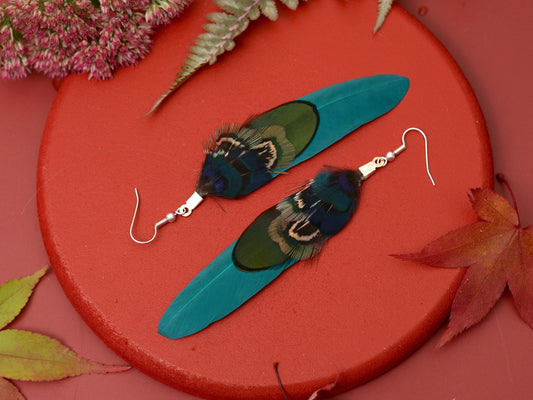 Teal, Navy Blue and Green Feather Earrings | Pheasant Feather Earrings | Festival Earrings | Feather Jewellery | Drop Earrings