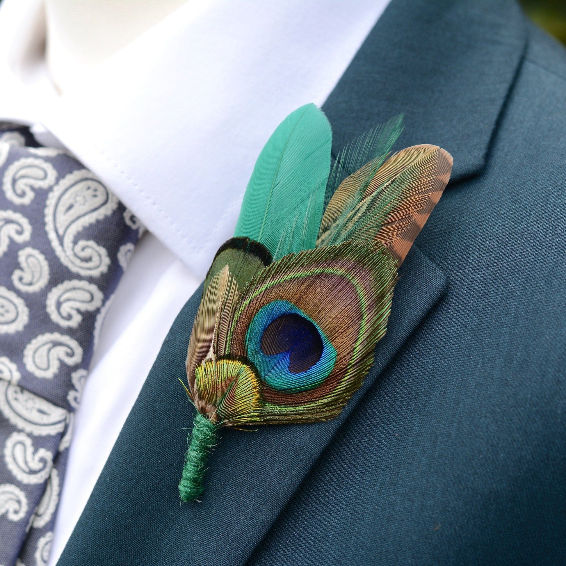 Green Pheasant and Peacock Feather Pin | Peacock Feather Boutonniere | Peacock Feather Brooch