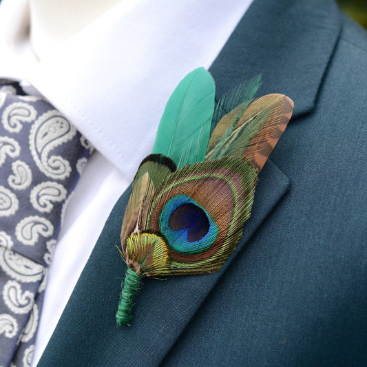 Green Pheasant and Peacock Feather Pin | Peacock Feather Boutonniere | Peacock Feather Brooch