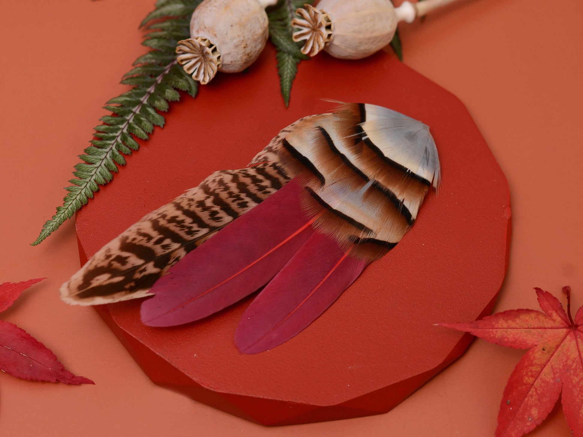 Feather Lapel Pin in Burgundy, Partridge and Pheasant | Feather Boutonniere | Pheasant Feather Brooch | Feather Hat Pin | Pheasant Lapel Pin