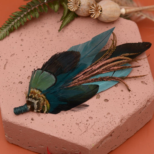 Dark Teal and Green Feather Hat Pin / Brooch No.267 | Feather Boutonniere | Pheasant Feather Brooch
