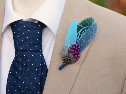 Turquoise Blue and Pink Feather Pin | Pheasant Feather Boutonniere | Feather Brooch | Feather Hat Pin