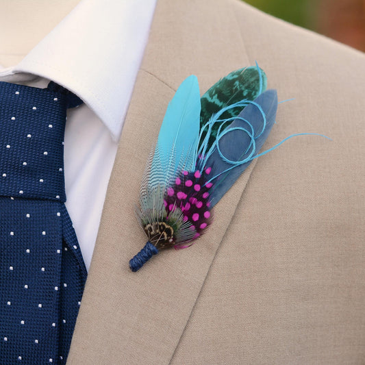 Turquoise Blue and Pink Feather Pin | Pheasant Feather Boutonniere | Feather Brooch | Feather Hat Pin