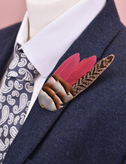 Feather Lapel Pin in Burgundy, Partridge and Pheasant | Feather Boutonniere | Pheasant Feather Brooch | Feather Hat Pin | Pheasant Lapel Pin