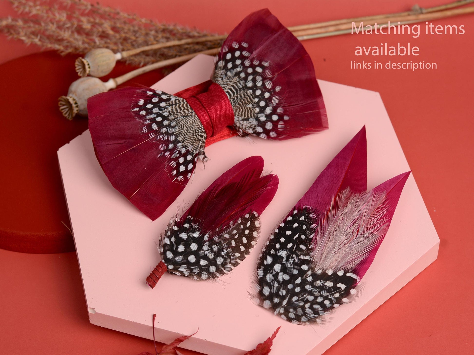 Feather Bow Tie in Light Burgundy and Polka Dot | Grooms Outfit | Feather Neck Tie | Mens Gift | Black Tie | Wedding