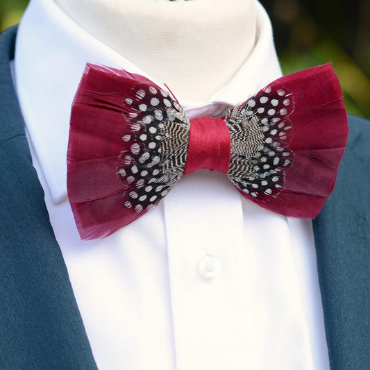 Feather Bow Tie in Light Burgundy and Polka Dot | Grooms Outfit | Feather Neck Tie | Mens Gift | Black Tie | Wedding