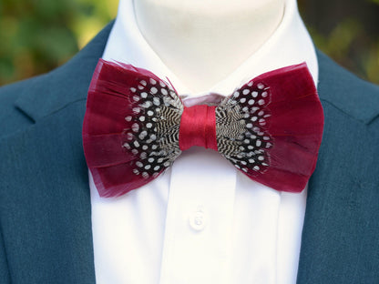 Feather Bow Tie in Light Burgundy and Polka Dot | Grooms Outfit | Feather Neck Tie | Mens Gift | Black Tie | Wedding