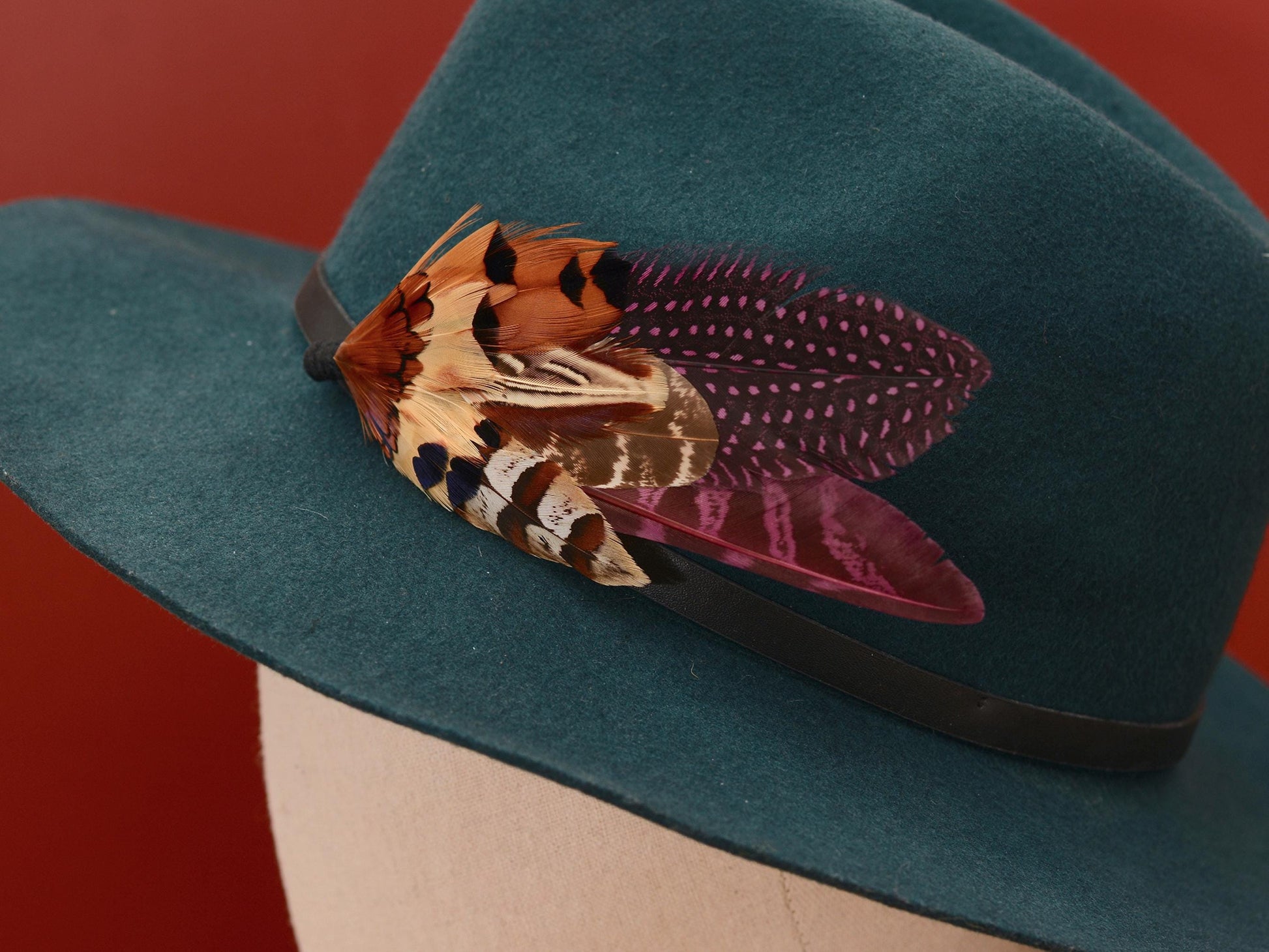 Plum Purple and Copper Pheasant Feather Lapel Pin No.291 | Unique Pheasant Feather Boutonniere