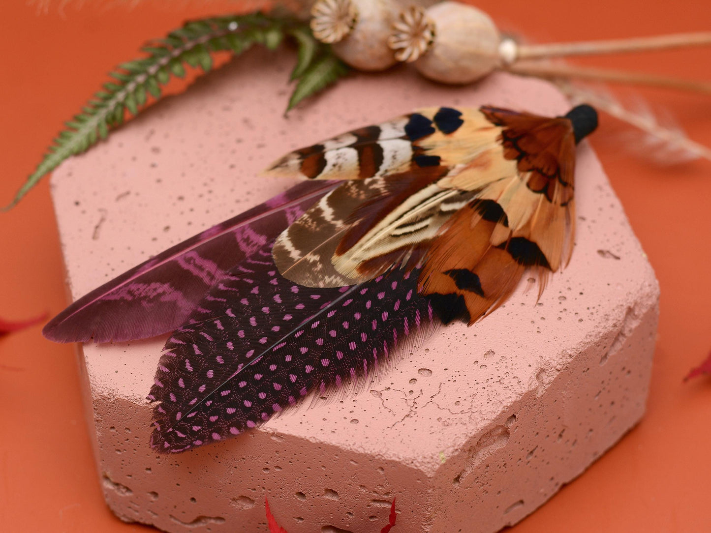 Plum Purple and Copper Pheasant Feather Lapel Pin No.291 | Unique Pheasant Feather Boutonniere