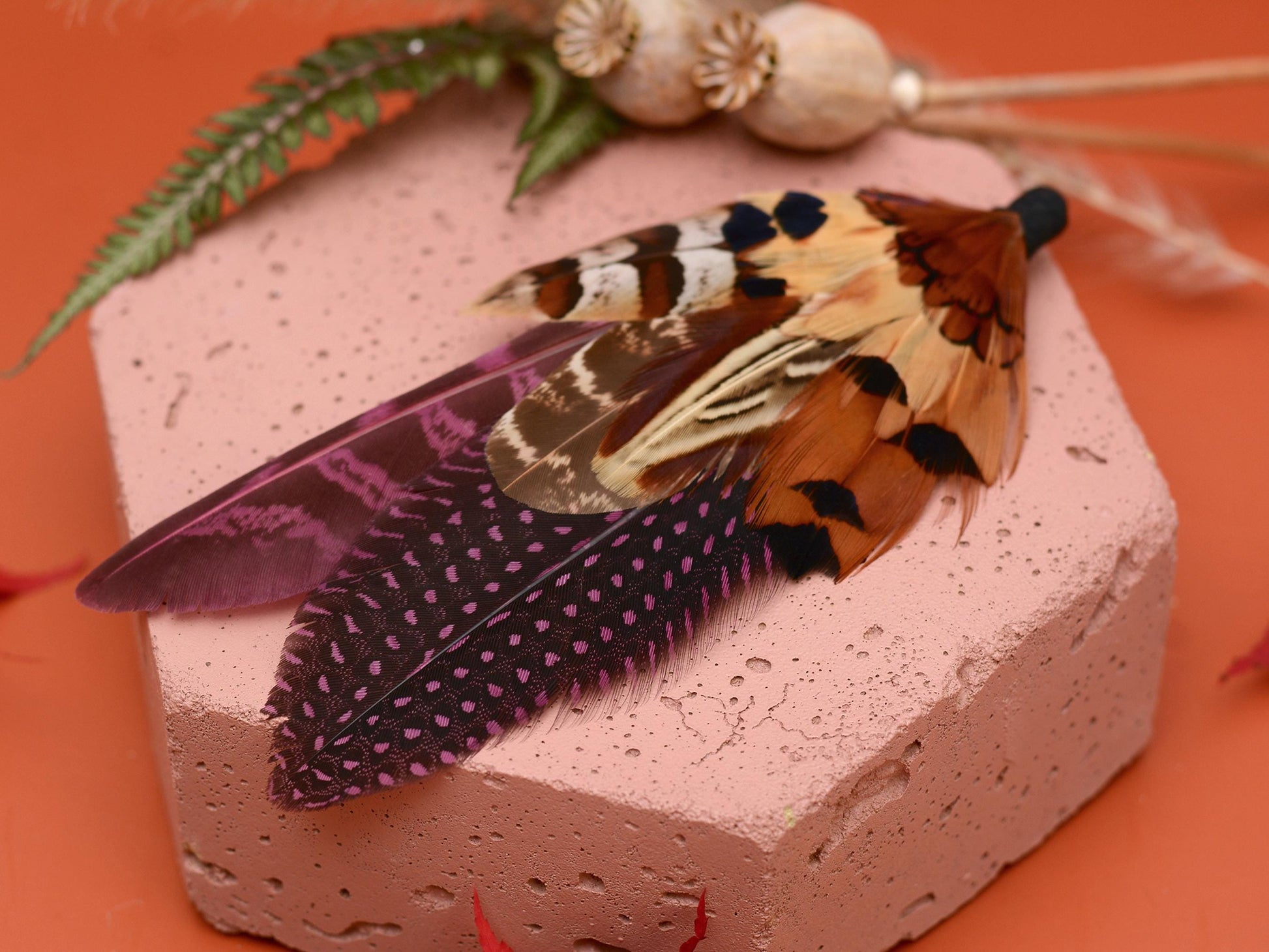 Plum Purple and Copper Pheasant Feather Lapel Pin No.291 | Unique Pheasant Feather Boutonniere