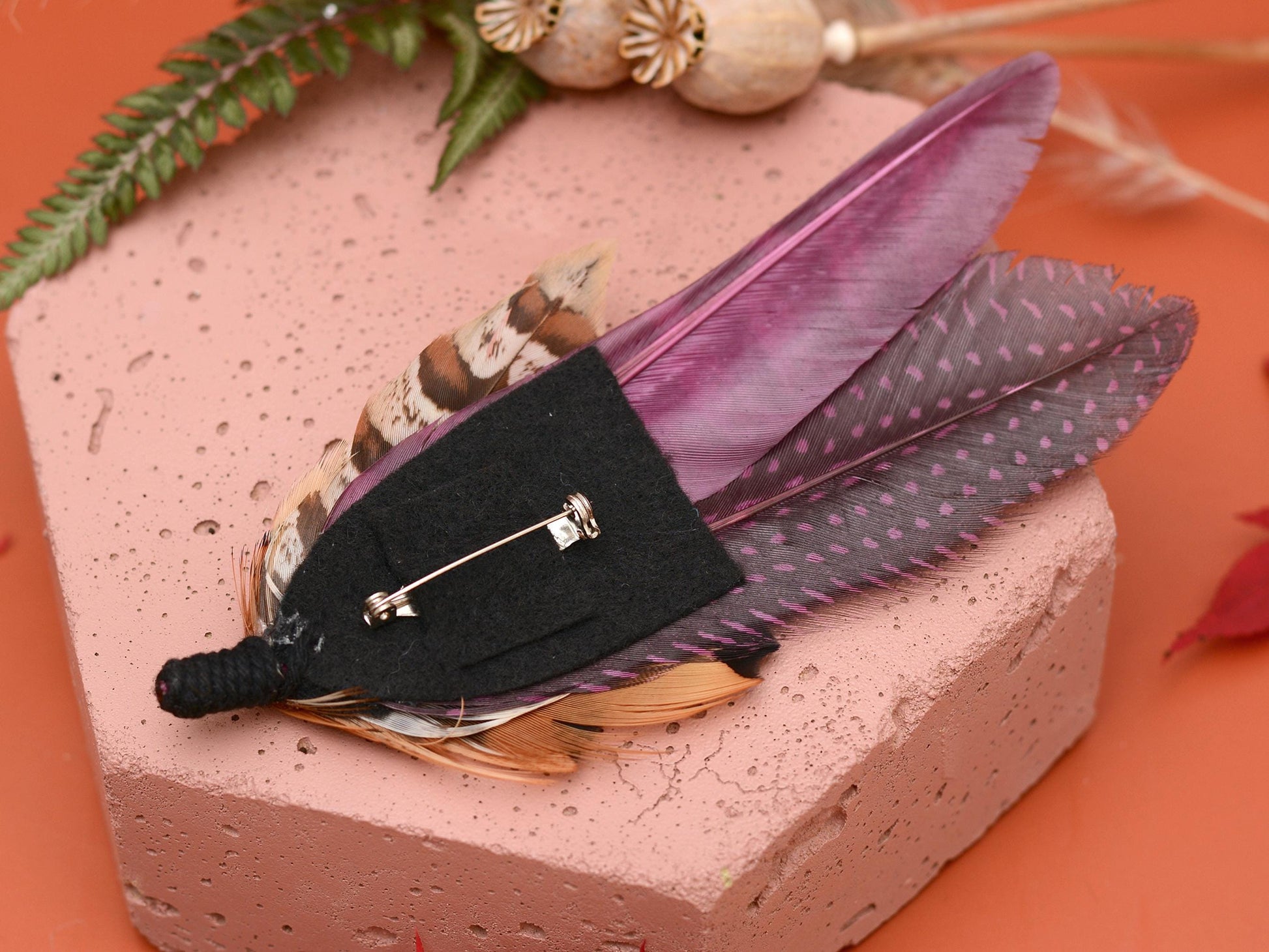 Plum Purple and Copper Pheasant Feather Lapel Pin No.291 | Unique Pheasant Feather Boutonniere