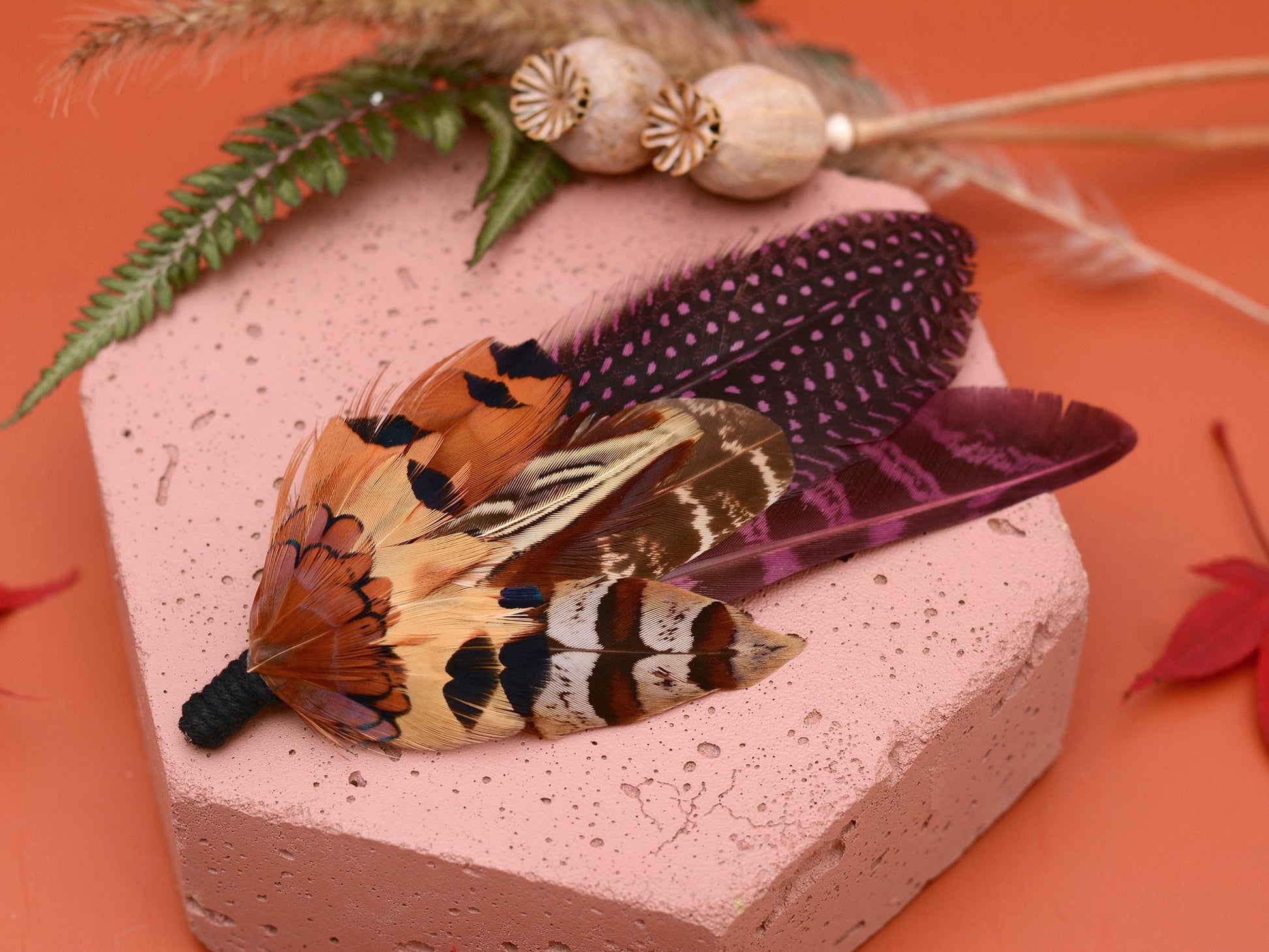 Plum Purple and Copper Pheasant Feather Lapel Pin No.291 | Unique Pheasant Feather Boutonniere