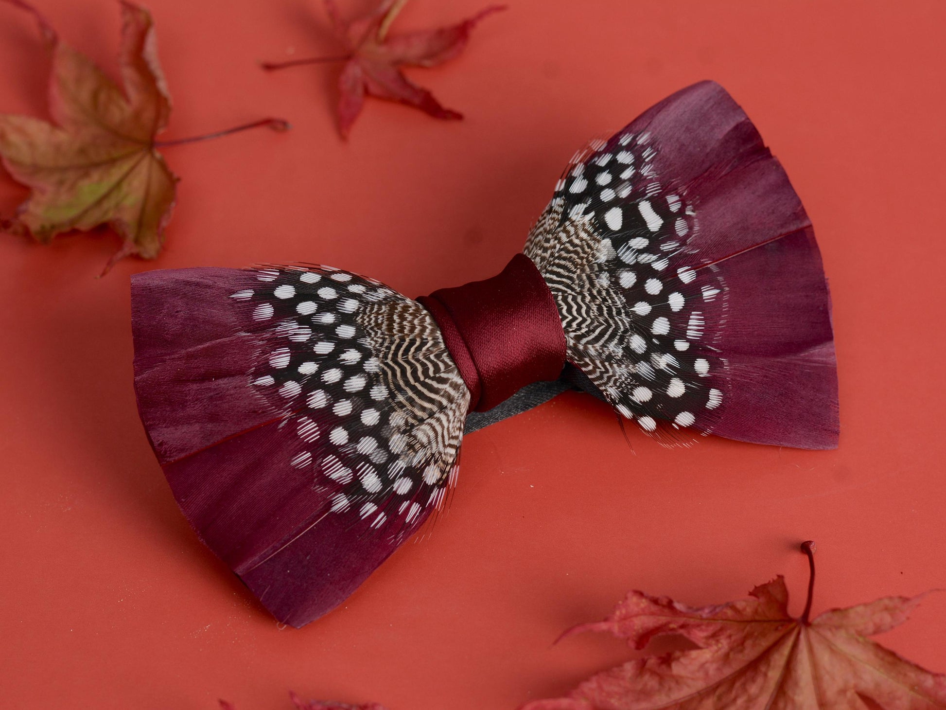 Feather Bow Tie in Burgundy and Polka Dot | Grooms Outfit | Feather Neck Tie | Mens Gift | Black Tie | Wedding | Pheasant Feather Bow Tie