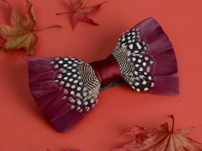 Feather Bow Tie in Burgundy and Polka Dot | Grooms Outfit | Feather Neck Tie | Mens Gift | Black Tie | Wedding | Pheasant Feather Bow Tie