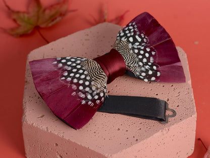 Feather Bow Tie in Burgundy and Polka Dot | Grooms Outfit | Feather Neck Tie | Mens Gift | Black Tie | Wedding | Pheasant Feather Bow Tie