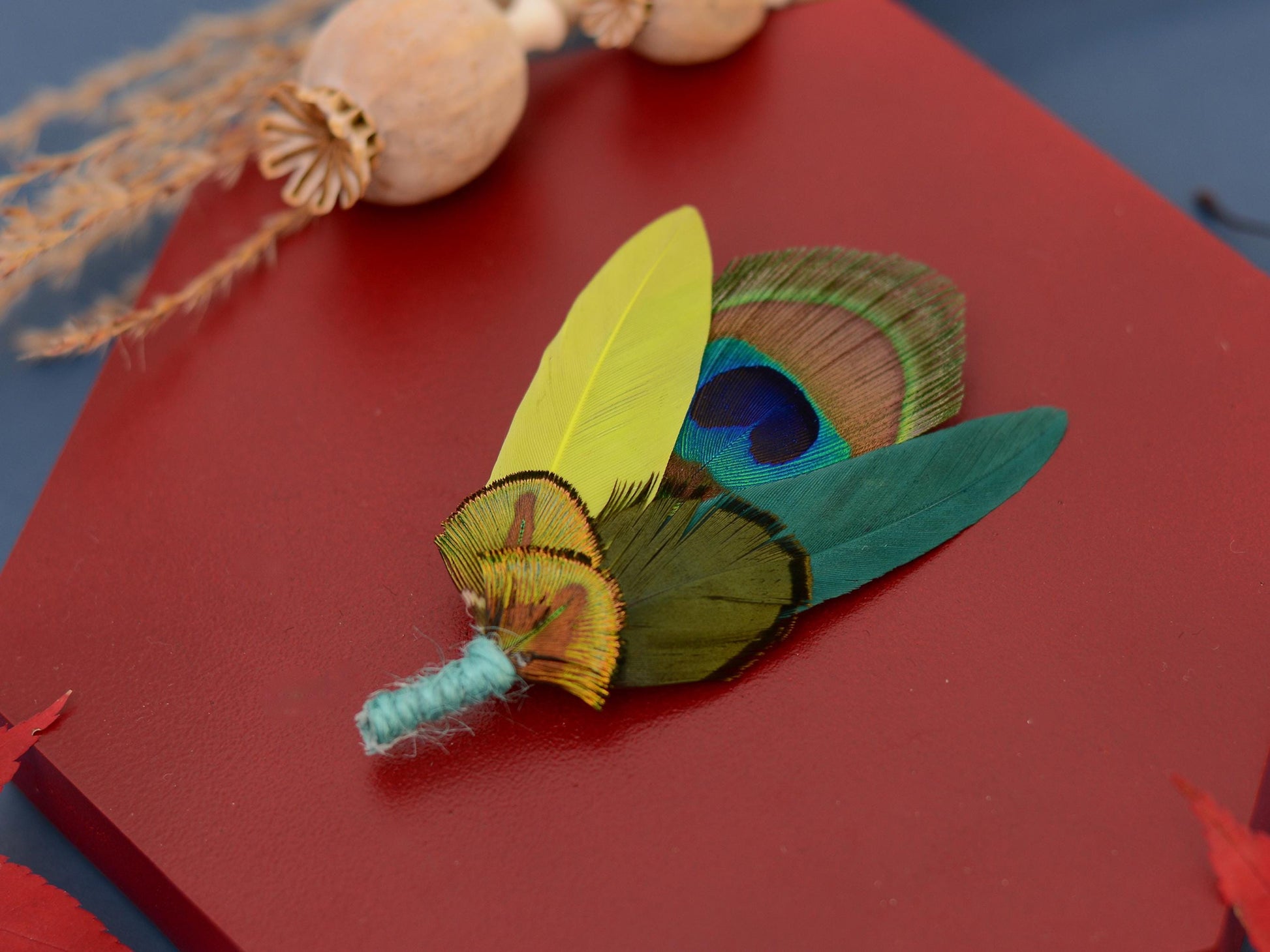 Teal and Peacock and Pheasant Feather Boutonniere Pin | Peacock Feather Brooch