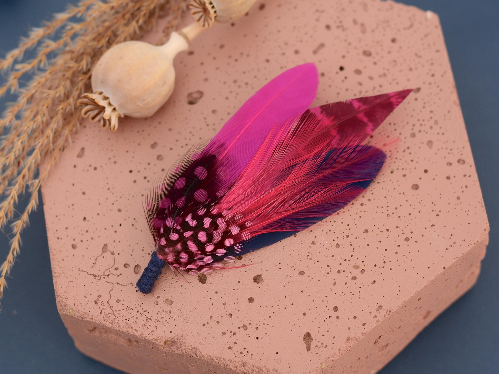 Hot Pink and Navy Blue Feather Lapel Pin | Pheasant Feather Boutonniere | Feather Brooch | Feather Hat Pin