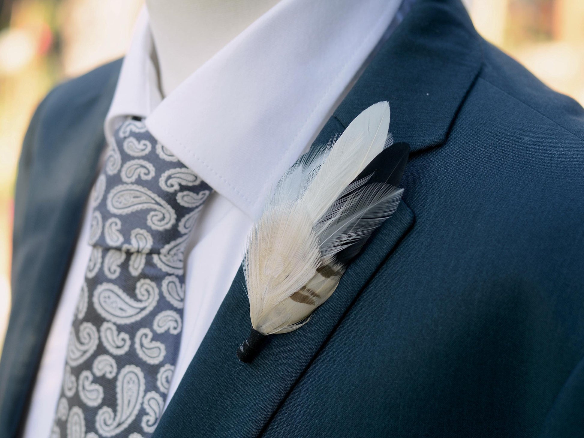 Monochrome Black and Ivory Peacock Feather Lapel Pin Brooch | Feather Boutonniere | Feather Brooch | Feather Lapel Pin