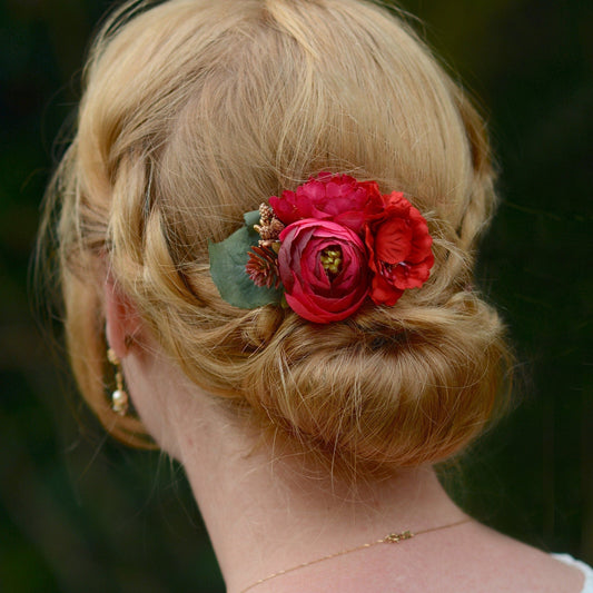 Red and Gold Ranunculus Hair Clip | Silk Flower Hair Clip | Bridal Hair Clip | Bridesmaids Hair Clip | Floral Headpiece