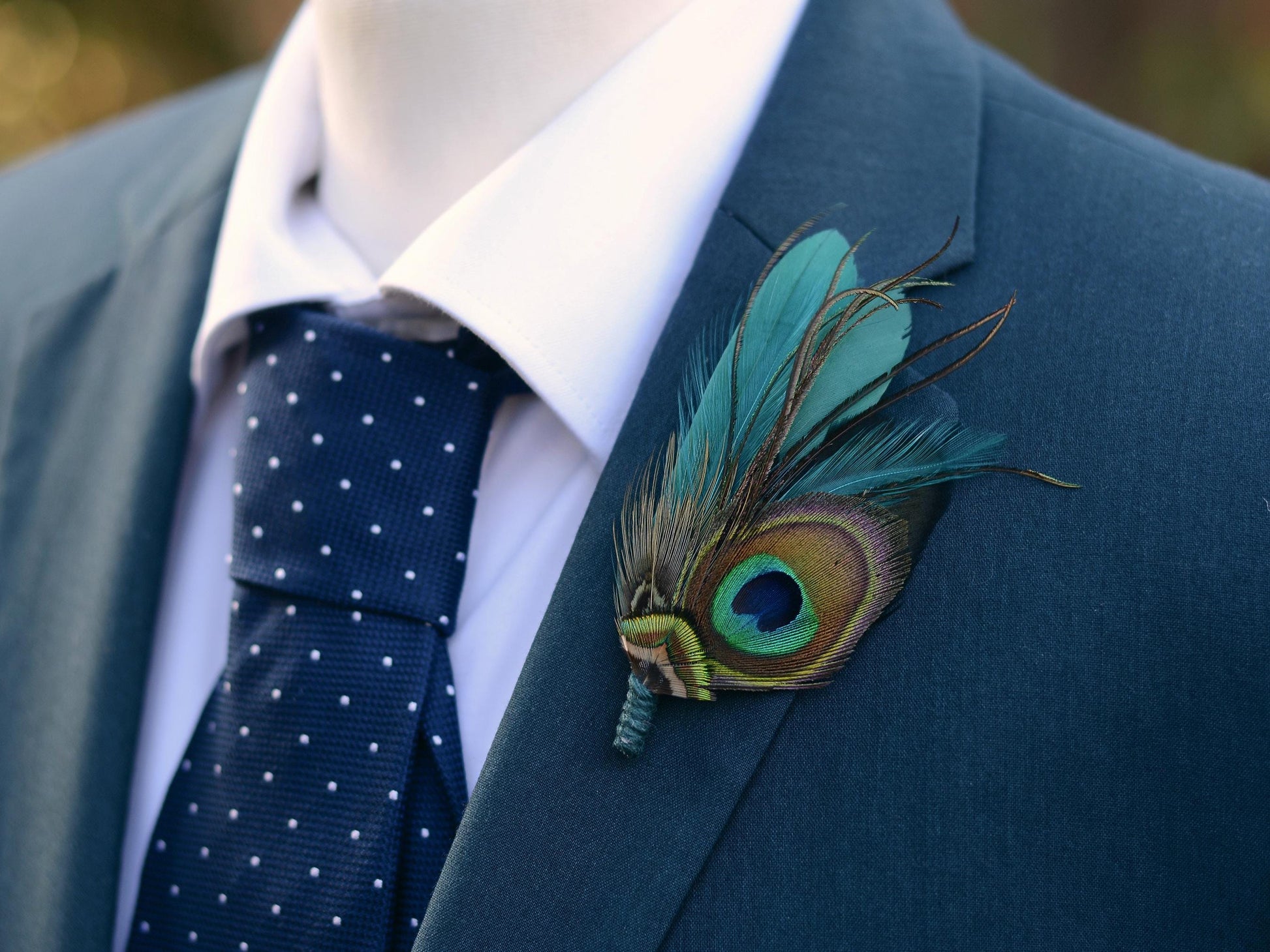 Teal and Green Peacock and Pheasant Feather Lapel Pin | Peacock Feather Boutonniere | Peacock Feather Brooch