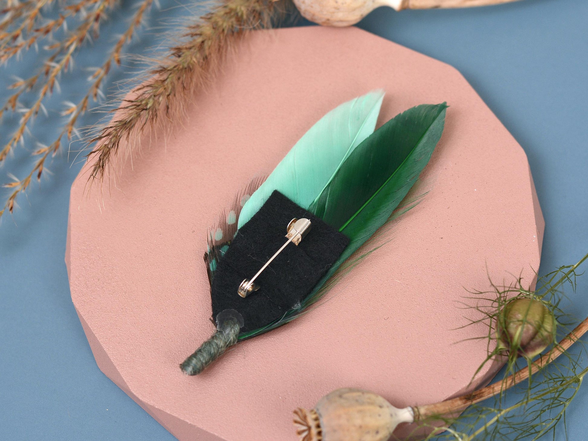Shades of Green Feather Pin | Duck Feather Boutonniere | Pheasant Feather Brooch | Feather Hat Pin