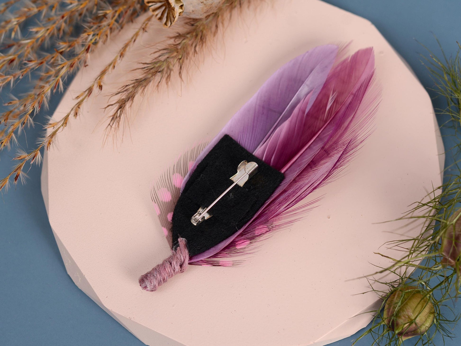 Feather Brooch Pin in Ombre Pink and Lavender Purple | Pheasant Feather Boutonniere | Feather Hat Pin