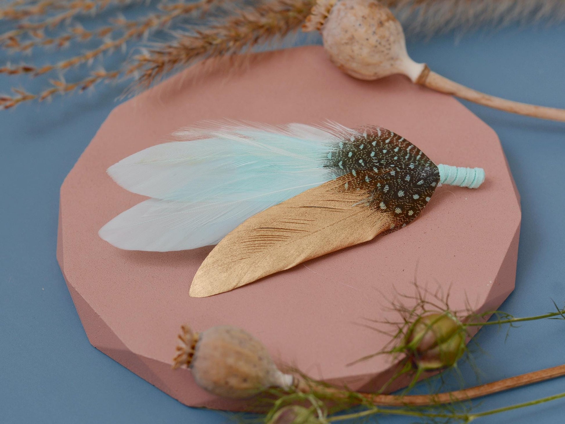 Feather Brooch Pin in Gold and Mint Green | Duck Feather Boutonniere | Feather Hat Pin