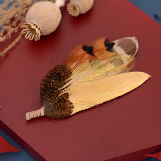 Gold and Pheasant Feather Pin | Pheasant Feather Boutonniere | Feather Brooch | Feather Hat Pin