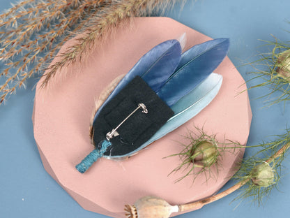 Feather Hat Pin in Ombre Blue Pheasant and Duck Feathers | Duck Feather Boutonniere |Pheasant Feather Brooch
