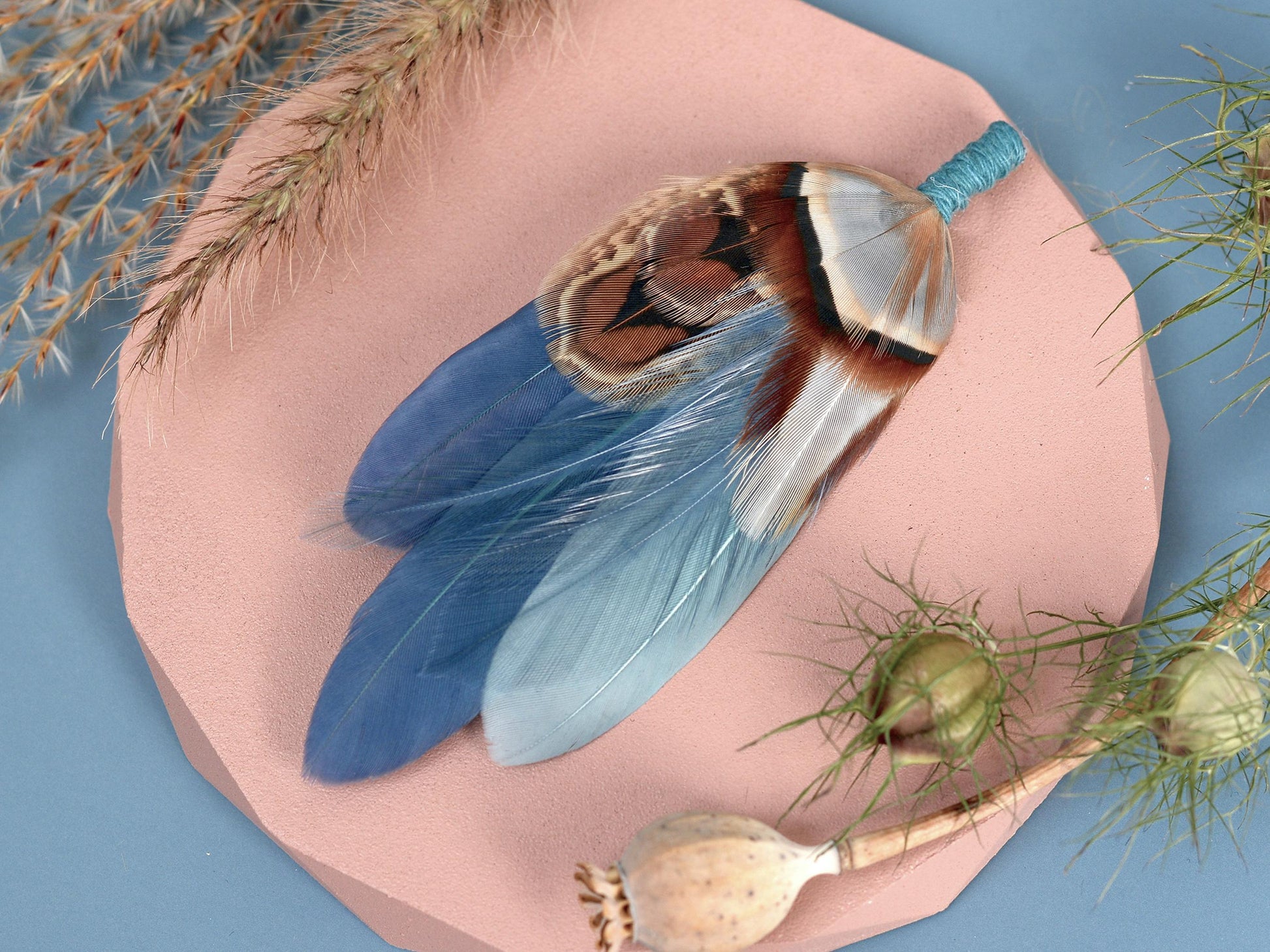 Feather Hat Pin in Ombre Blue Pheasant and Duck Feathers | Duck Feather Boutonniere |Pheasant Feather Brooch